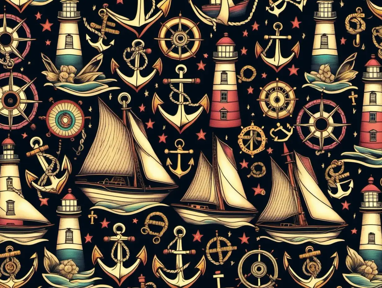 Pattern seamless, Oldschool tattoo Design, light house, sailing ship, anchor, colorful, black backround