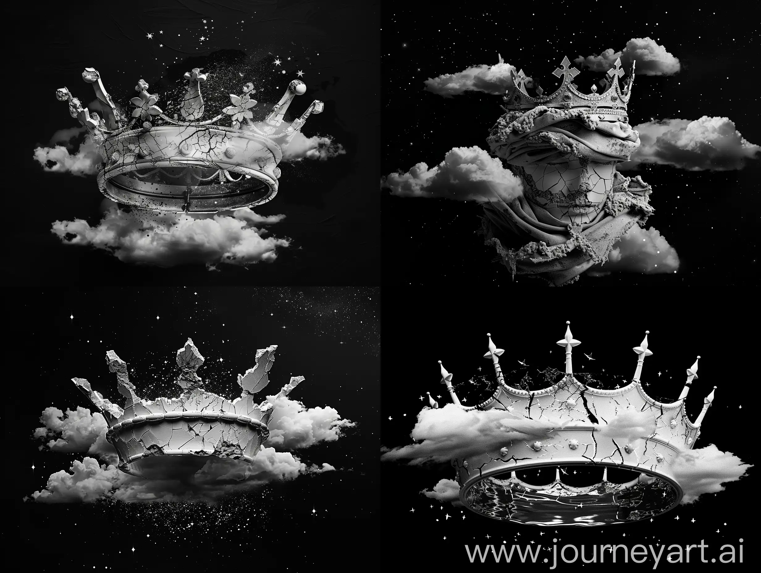 black and white minimal cracked white queen's crown wrapped in ominous clouds and stars against black background Image