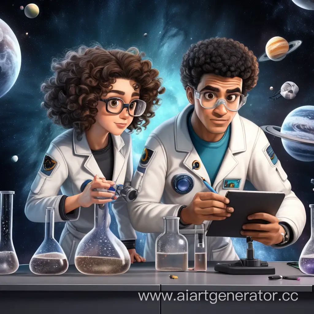 A male and female scientist doing experiments in space, female scientist with curly hair and brown eyes, male with black eyes and black short hair, draw 3D animation