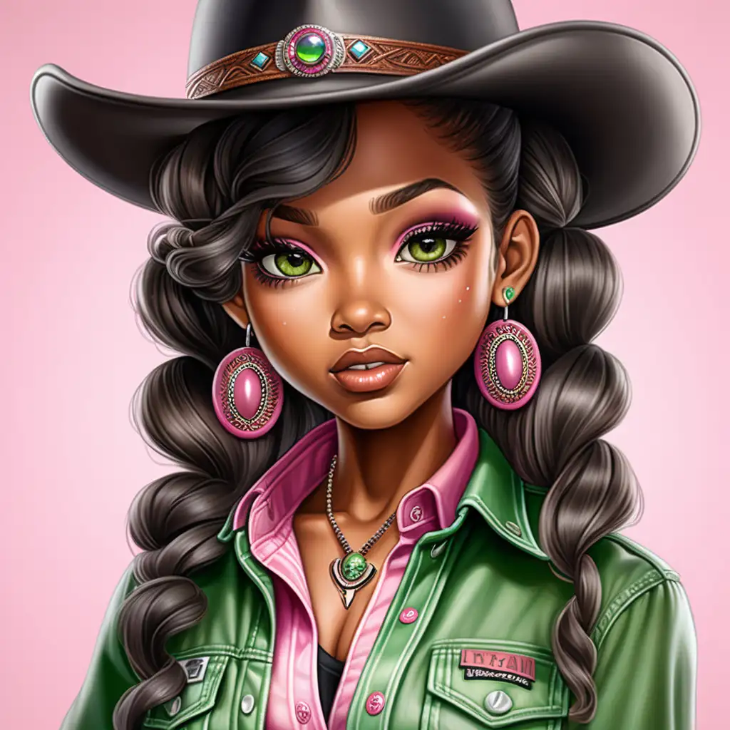 Envision a hyper-realistic chibi-style, air brushed illustration, portrayal featuring a strikingly beautiful caramel- skinned, African American woman, This detailed depiction showcases her portrait, half length, direct gaze, with impeccable makeup, long lashes, beautiful lips, and eye-catching black loose wavy hair in a side ponytail, wearing a black cowboy hat, a pink and green button up western shirt,  shirt, bling jewelry, Meticulous attention to intricate details, Transparent background
