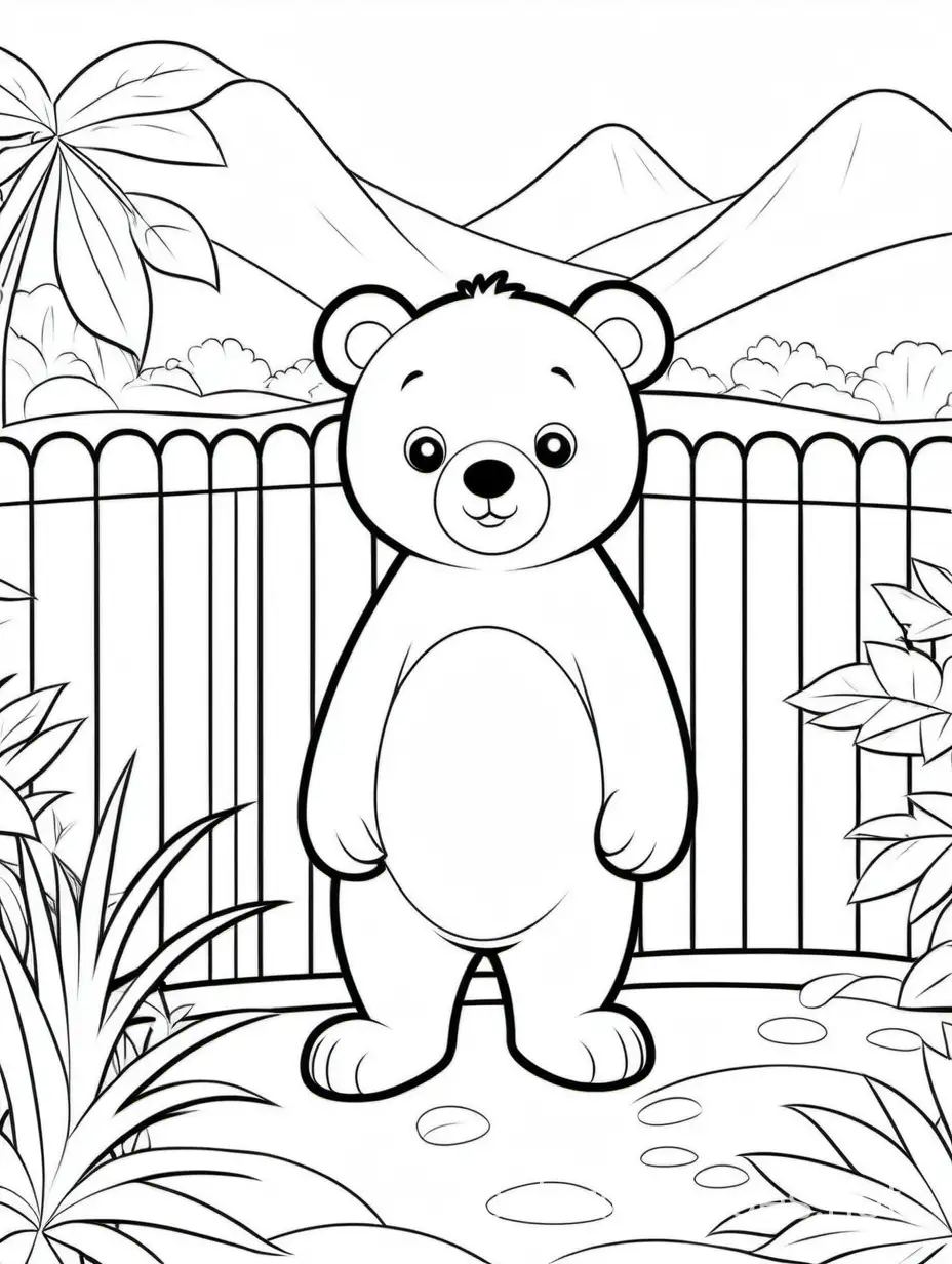 Cute Bear in a zoo, Coloring Page, black and white, line art, white background, Simplicity, Ample White Space. The background of the coloring page is plain white to make it easy for young children to color within the lines. The outlines of all the subjects are easy to distinguish, making it simple for kids to color without too much difficulty