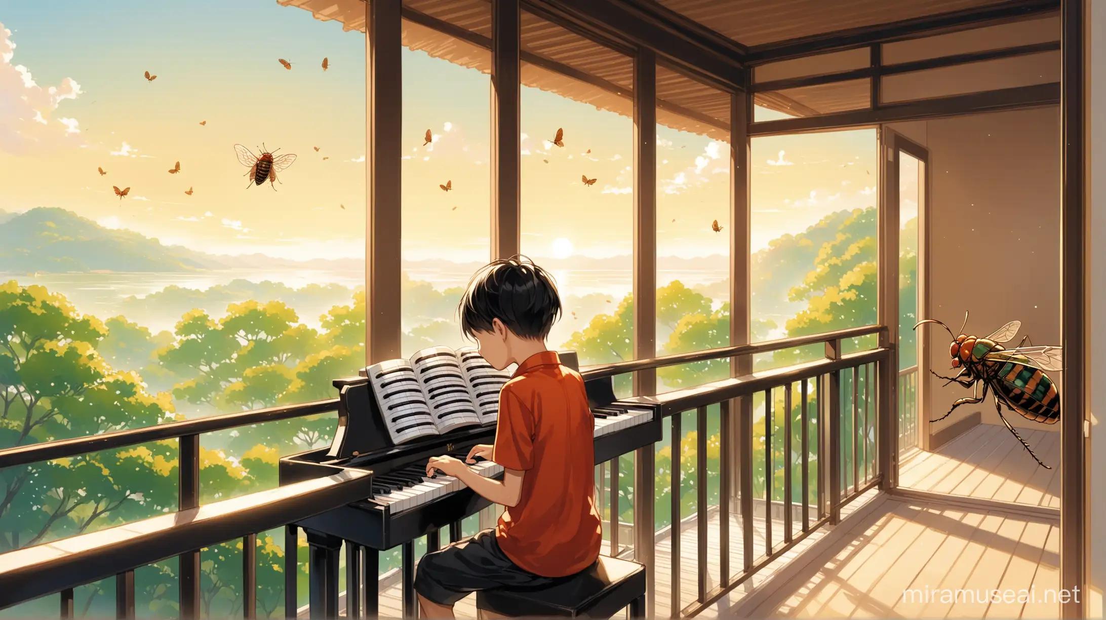 中午的时候，中国男孩在阳台弹琴，一只知了在阳台的栏杆上唱歌