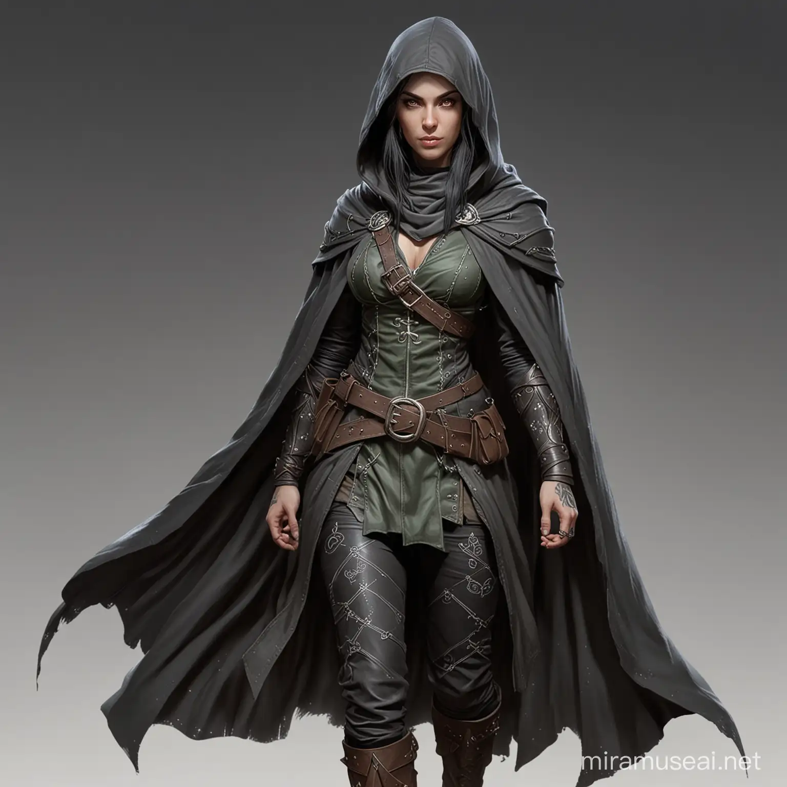 DND 5e Full Body Female ranger Aged pale elf with black lobbed hair and cloudy gray eyes covered in tattoos in a hooded cape cloak.