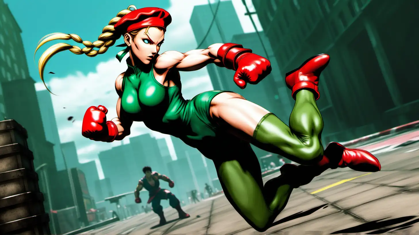 Please create a digital artwork that showcases the character Cammy from the Street Fighter series. The artwork should feature Cammy in her iconic green leotard with red gloves and black boots, striking a dynamic pose that demonstrates her agility and combat skills. I would like the style to be reminiscent of the original game's aesthetic, with sharp lines and bold colors to reflect the high-energy and action-packed nature of the game. The composition should include a fighting arena background, capturing the essence of Street Fighter's environment. Ensure that Cammy's characteristic long blonde braids and the red beret are prominently displayed and depicted with attention to detail. If possible, incorporate elements that show movement, such as a blurred kick or punch to emphasize her fighting prowess. The artwork should be in landscape orientation and high resolution to capture the intricacies of the character design and the vivid atmosphere.