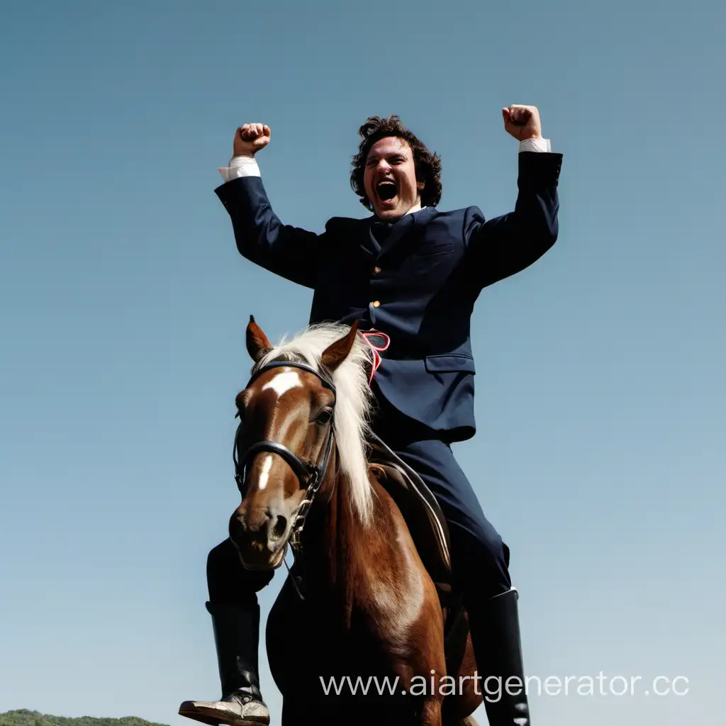 A man on top of a horse celebrating