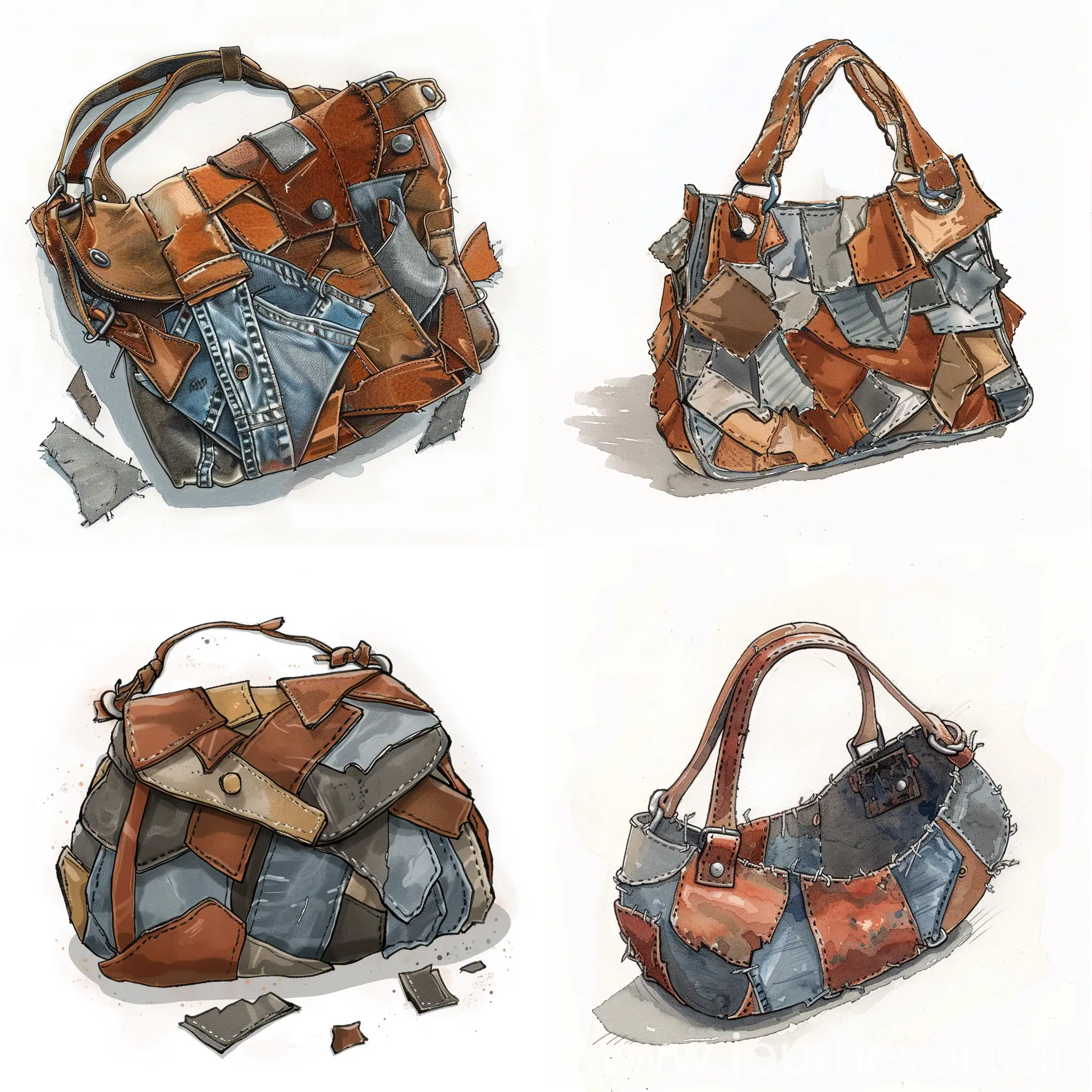 An illustration of a small leather purse made of irregularly shaped scraps of brown and grey leather and pieces of jean
