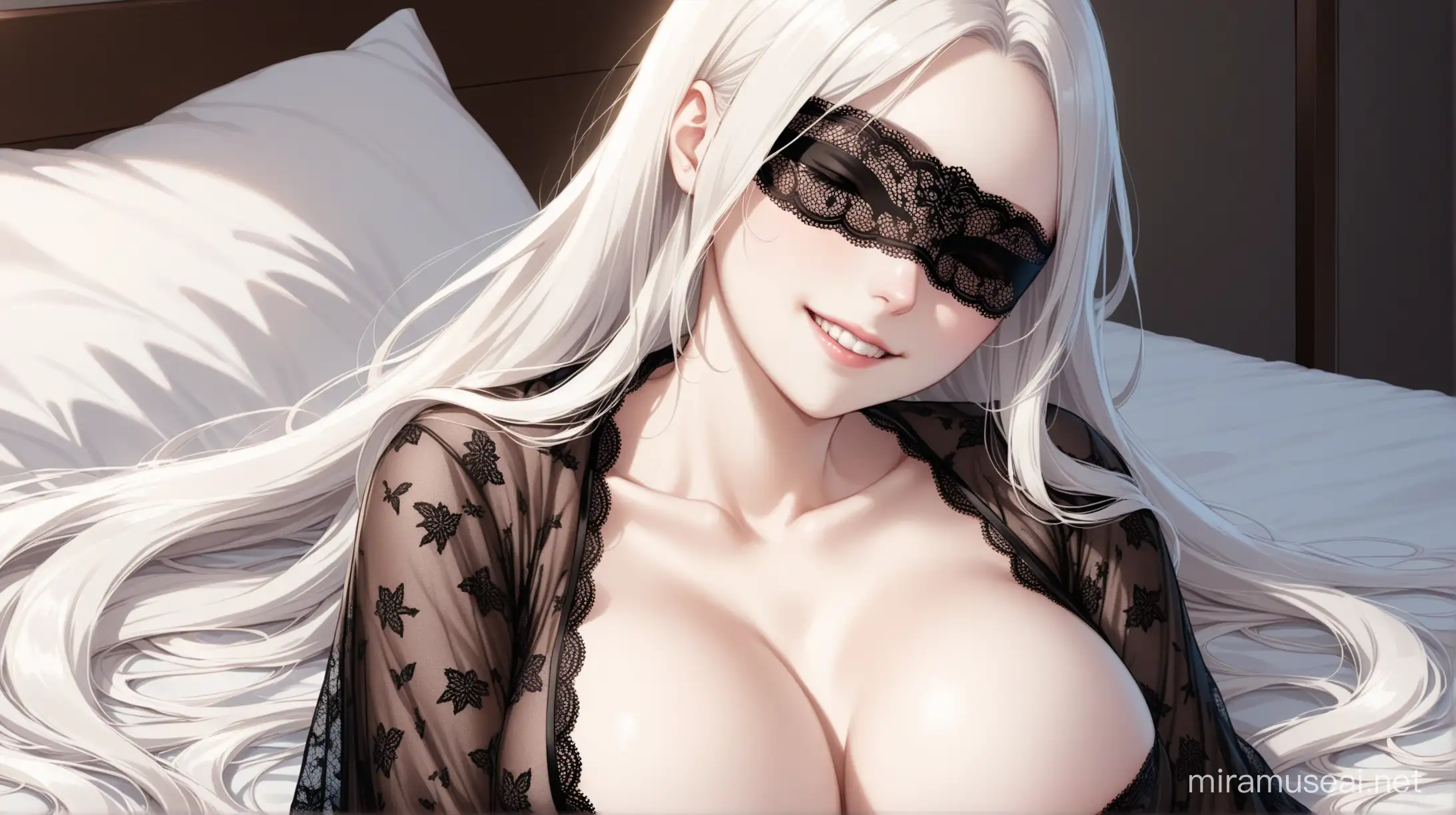 A beautiful woman, with pale skin, white long  hair, and big breasts, wearing a black lace robe that is exposing her chest, and a black blindfold, lying in bed, smiling at the viewer 