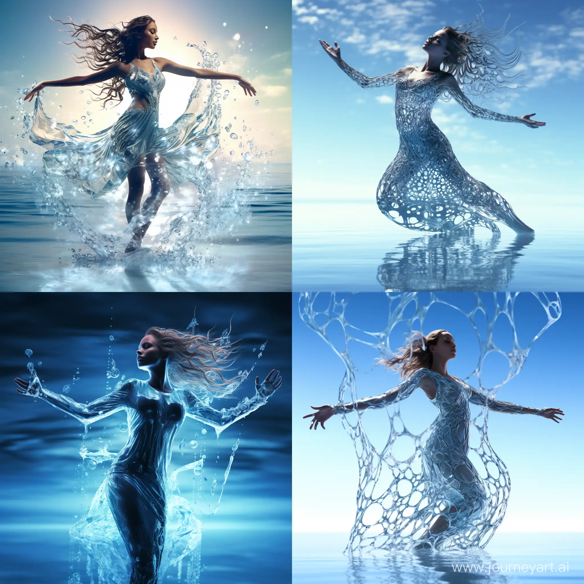 Incredibly detailed full-length photo, skillfully selected shot - elegant girl woven from transparent water drops, dancing an exquisite dance, dynamic pose, intricate details, high quality, hdr, shadow and light play, volumetric lighting, white background, water drops with reflections and refractions, blue aquamarine