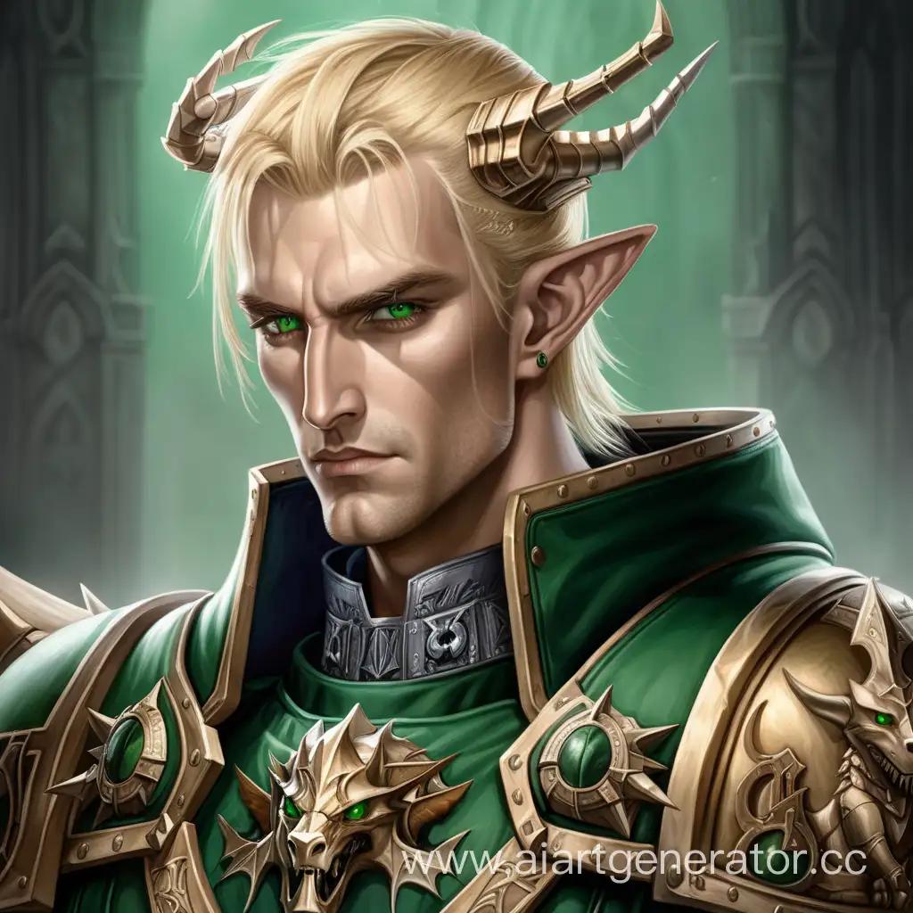 warhammer 40000, Король Артур, блондин, зелёные глаза, брутальность,  красивый, без короны, дракон на одежде, не эльфийские уши, портрет 