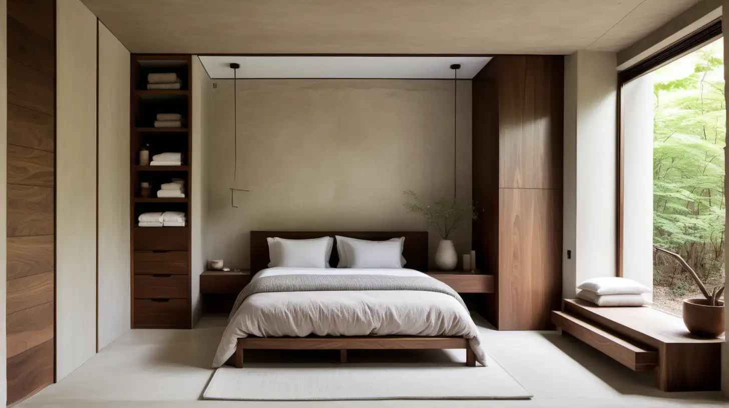 a minimalist organic Japandi large bedroom and bathroom with built-in storage;  walnut wood, Bauwerk limewash paint in Bone; limestone floor; 
