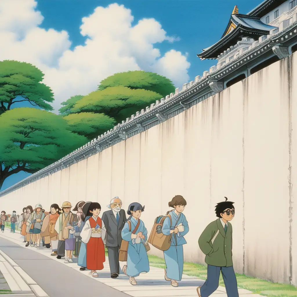 Hayao Miyazaki‘s style，a few of people pass by the wall the Imperial Palace
