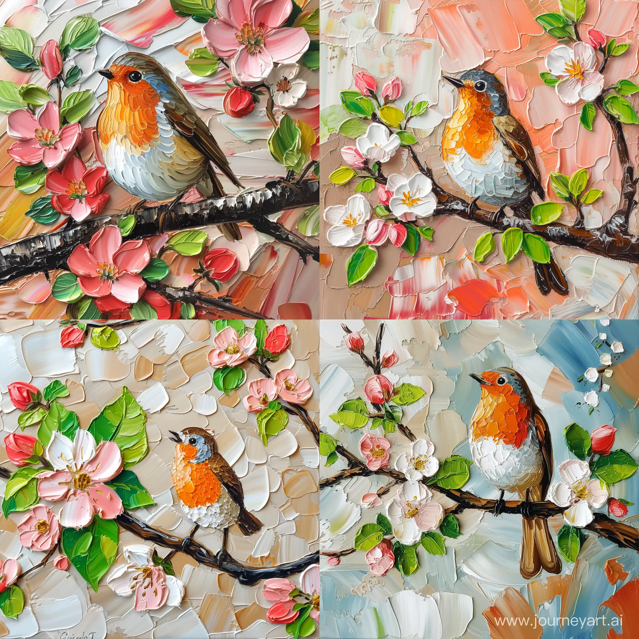 oil painting, clean smooth painted brush stroke branch with apple blossom flowers with detailed centers, robin bird sitting on branch, abstract brush stroke background
