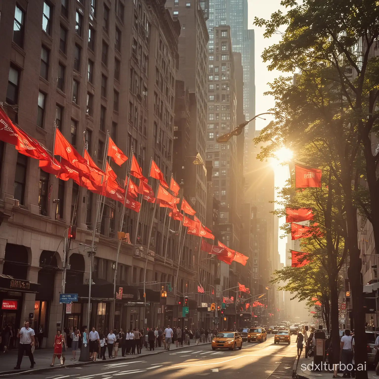 The sunlight shines, the red flags are planted all over New York.