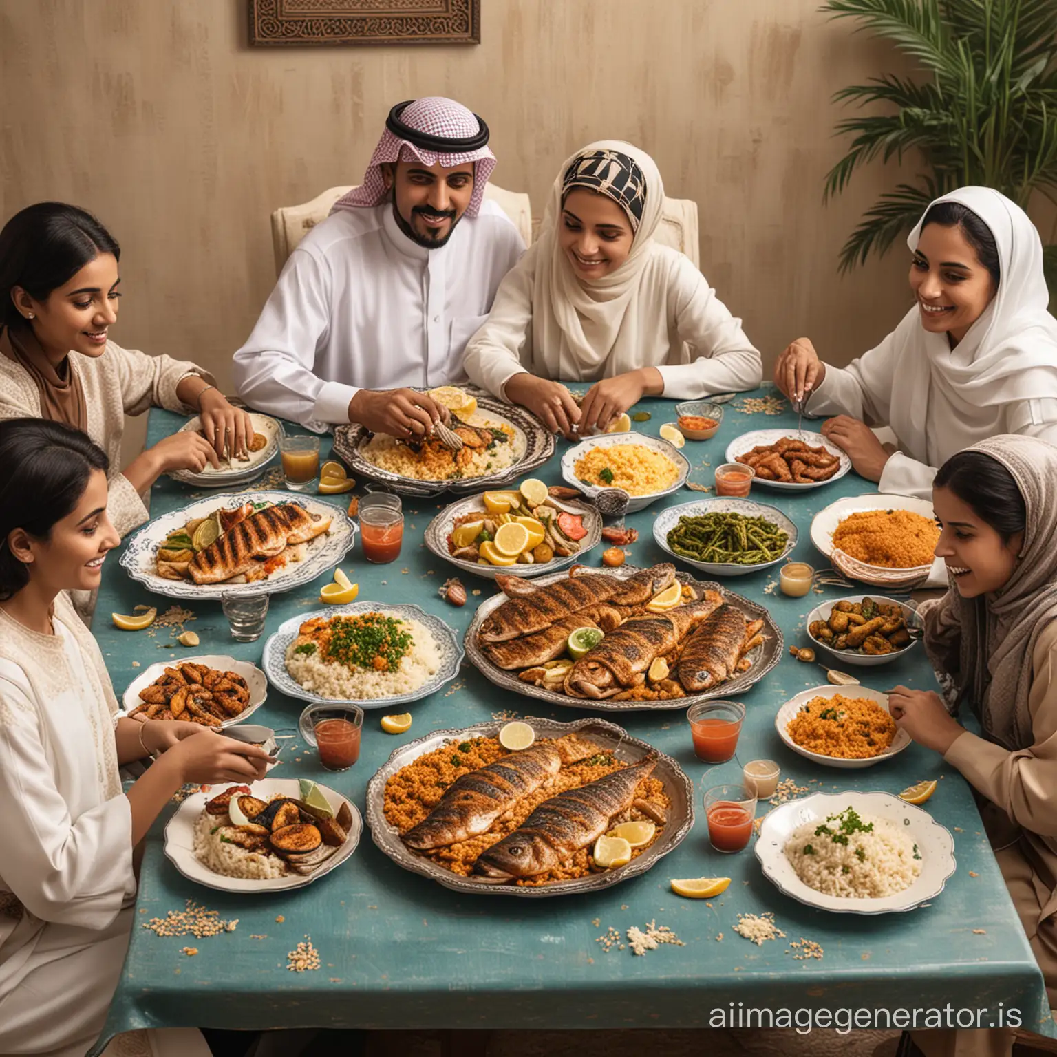 A realistic picture of a Saudi family gathering around the table over plates of grilled fish and rice