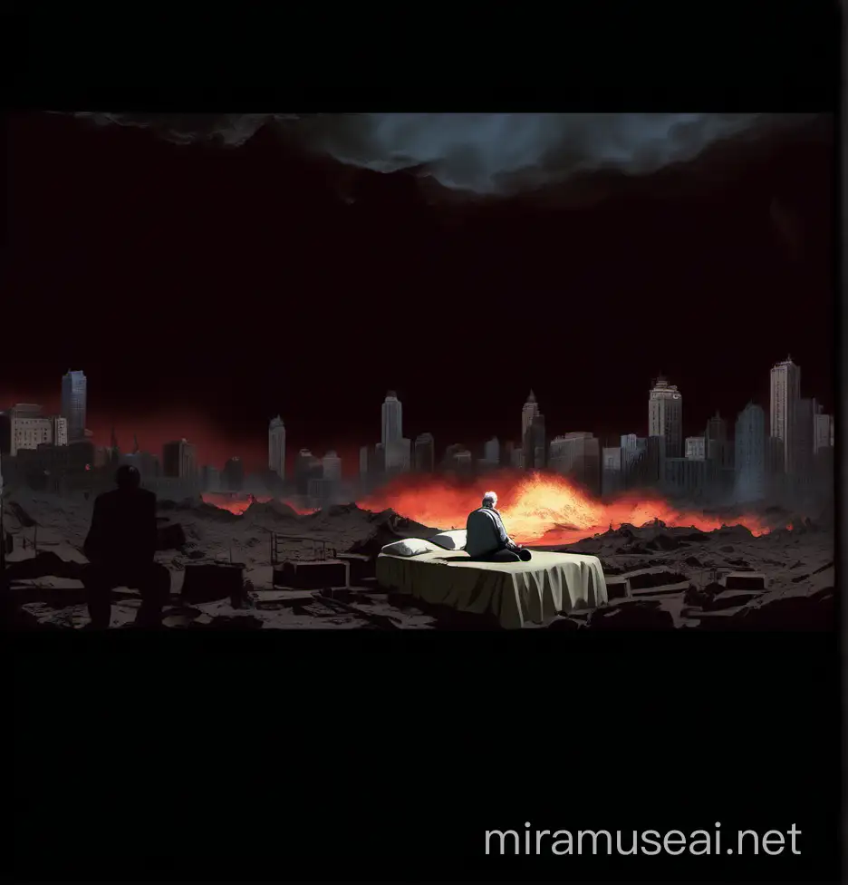 Craft an unsettling image featuring an elderly man seated on a tattered bed in the foreground, surrounded by darkness so thick it seems tangible. Behind him, a yawning chasm of lava emits an otherworldly glow, casting eerie shadows across the scene. In the distant skyline, a cityscape looms, its buildings ablaze and exploding with chaotic energy, yet the perspective is distorted, twisting the skyline into a surreal and uncanny form."