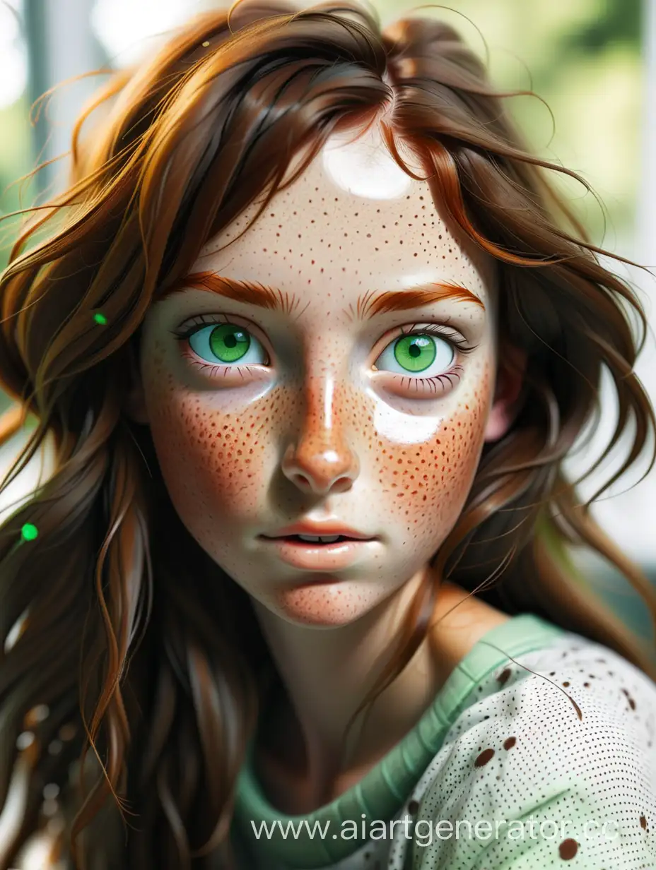 девушка брюнетка с веснушками, зеленые глаза