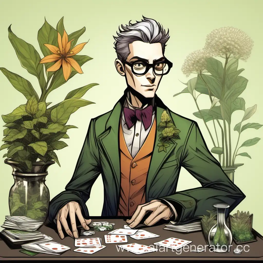 Elegant-Botanist-Engaged-in-Tabletop-Card-Game