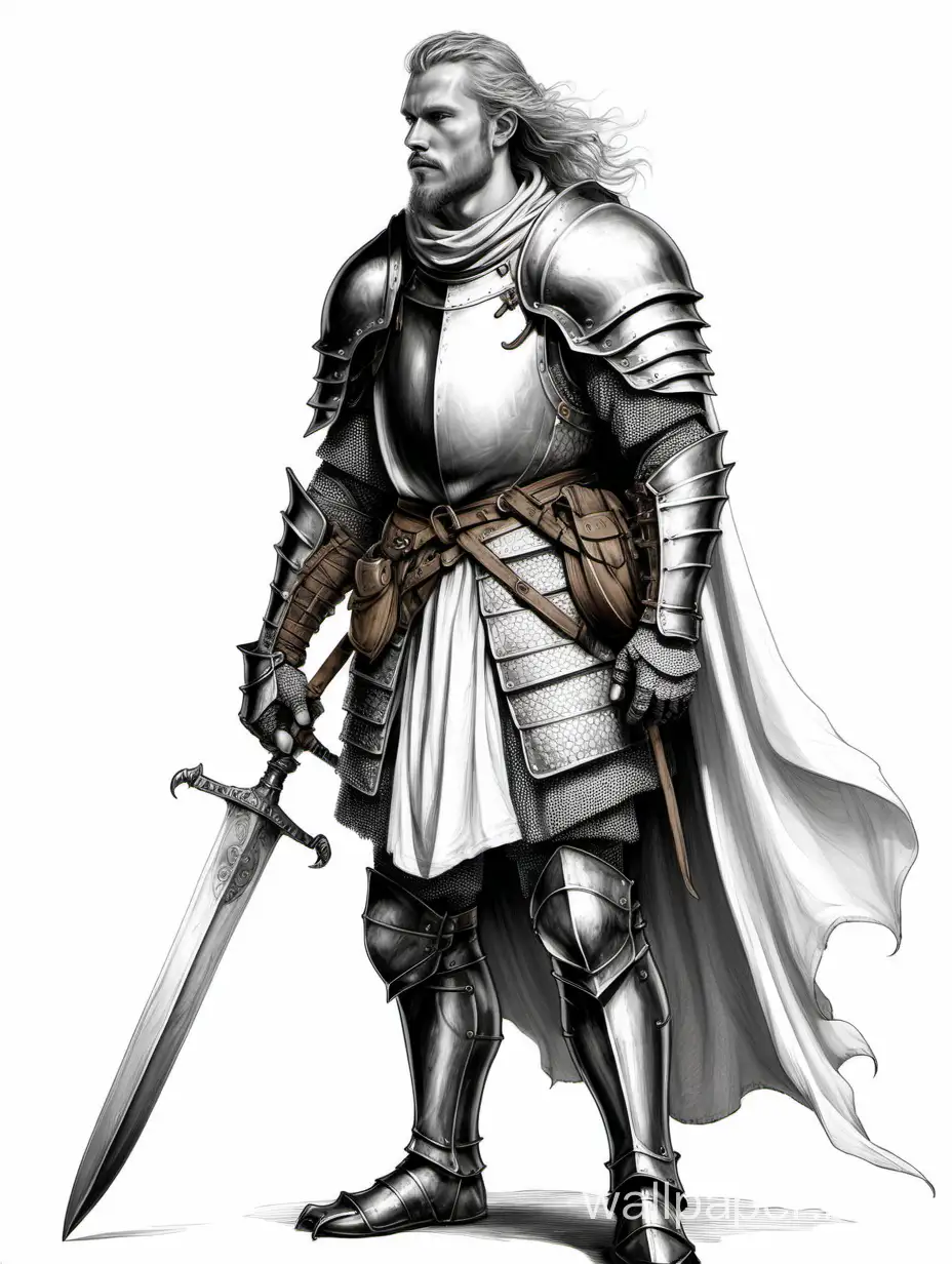 Средневековье мужчина скандинав 30 лет в полный рост сильный ,рыцарь дракон, персонаж D&D, камера расположена немного сбоку , черно -белый эскиз, высокая детализация , в полный рост , белый фон