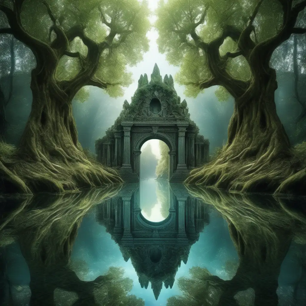a far away mystical place where the trees grow strangely they grow upside down from the sky, there are crystal lakes with mystical beings, it is a land of dreaming, there is  a path  through an ancient doorway & at the end is an ancient carved huge mirror

