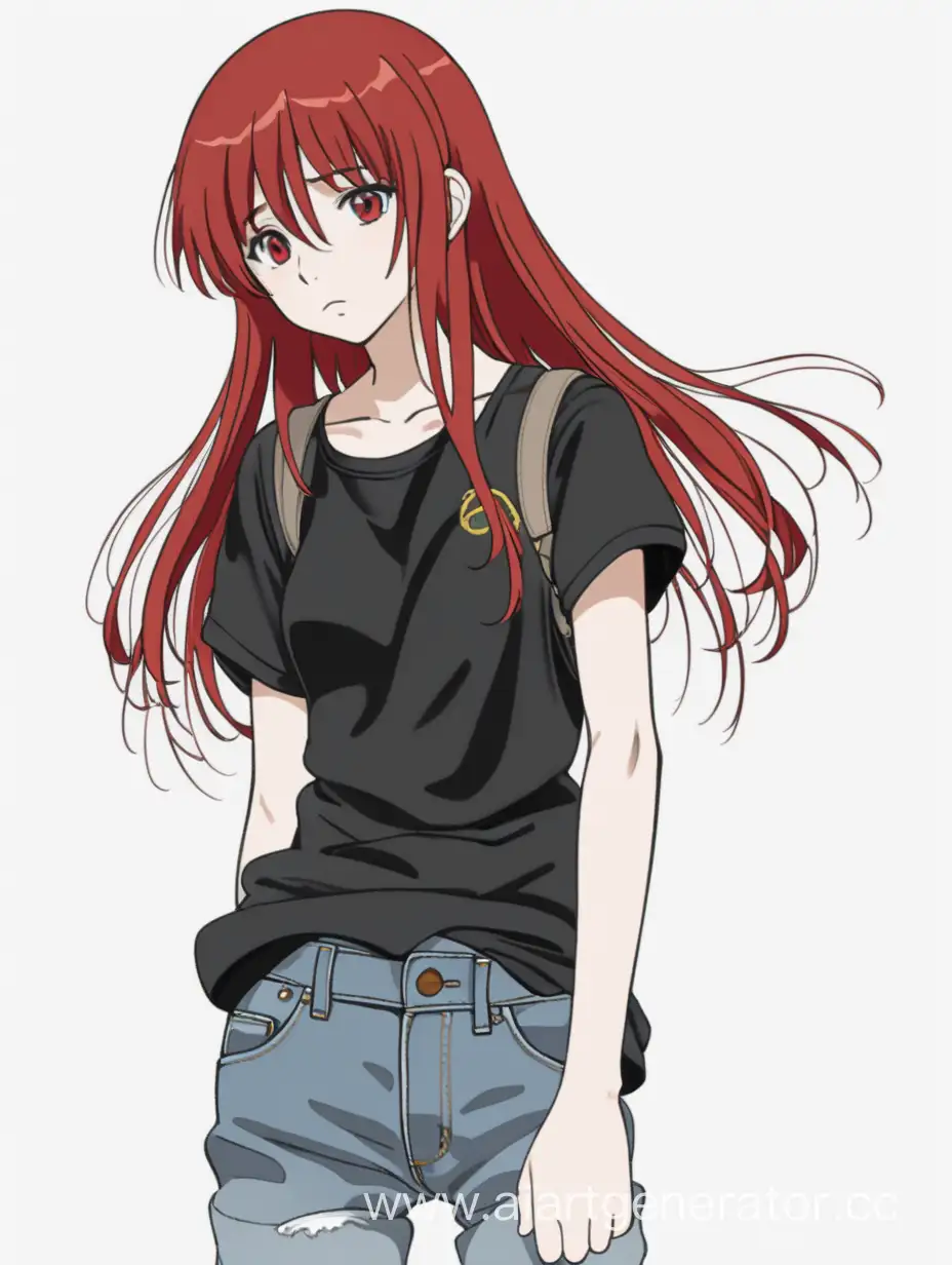 a sad anime girl full torso,ghibli studio style, black shirt, and jeans short, red long hair, front view, simple white backgrounds
