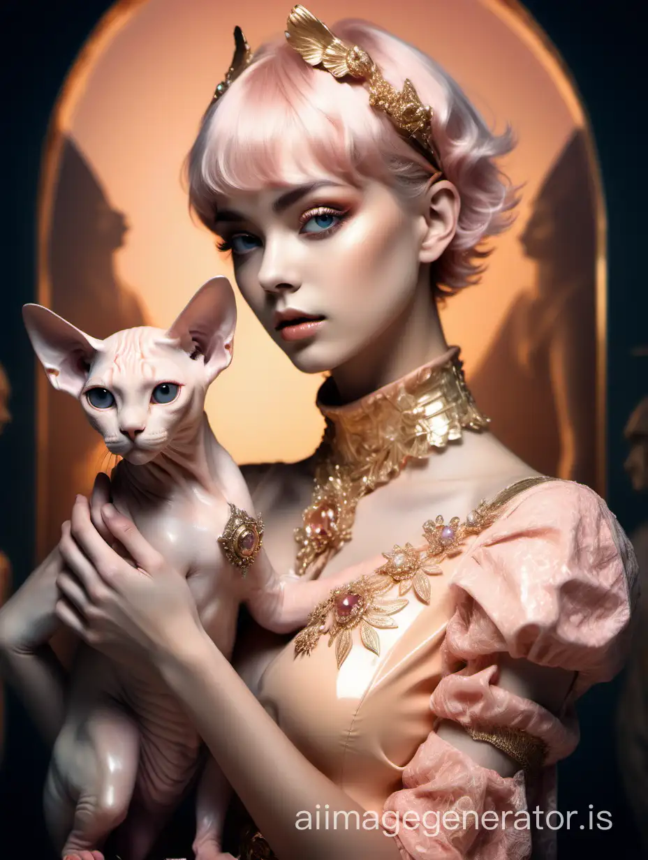 Graceful-Girl-with-Pink-Highlights-Holding-Sphinx-Kitten