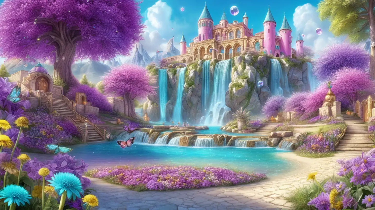 Magical Fairytale with bright purple waterfall-pink and gold and gemstones and treasure chests and bright-turquoise flowers-growing by an oasis with bright sunny sky and giant dandelions and with bookshelves and purple and green and potions