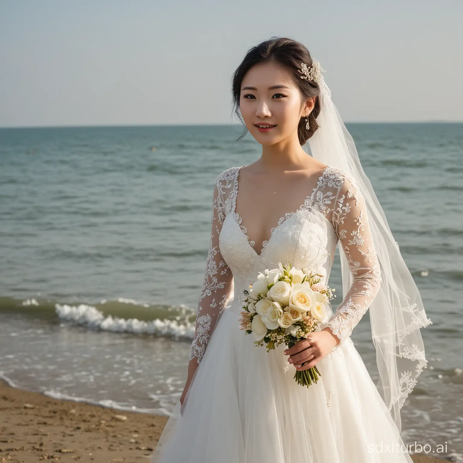 A Chinese girl at the seaside, wedding photography,