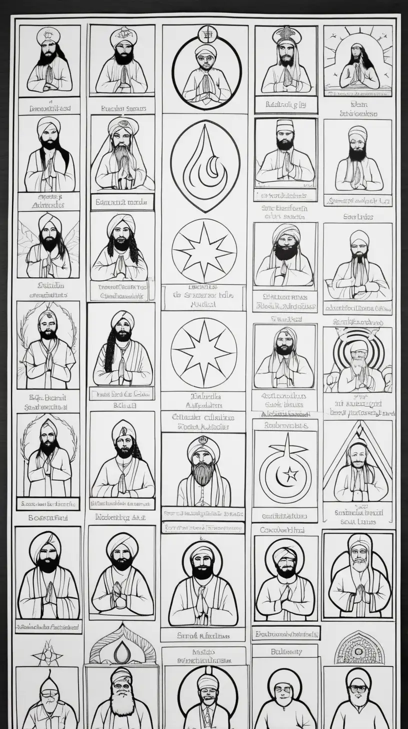 A colouring-in page for 5-year-olds, Black and white, depicting symbols of different religions.  Sikh, Muslim, Jew,  Christian, Buddhist,  Bahai,  Hindu, Australian Aboriginal, Zoroastrian and Humanist.