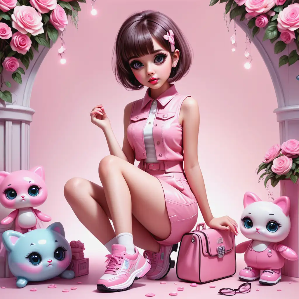 Create an enchanting beautiful very trendy style kawaii girl. in a beautiful and glamorous sleeveless pink outfit. Bob cut short hair. Beautiful details factions. Big eyes. Trendy shoes. Lip gloss. High quality. HD. no background. Thomas Kinkade style.