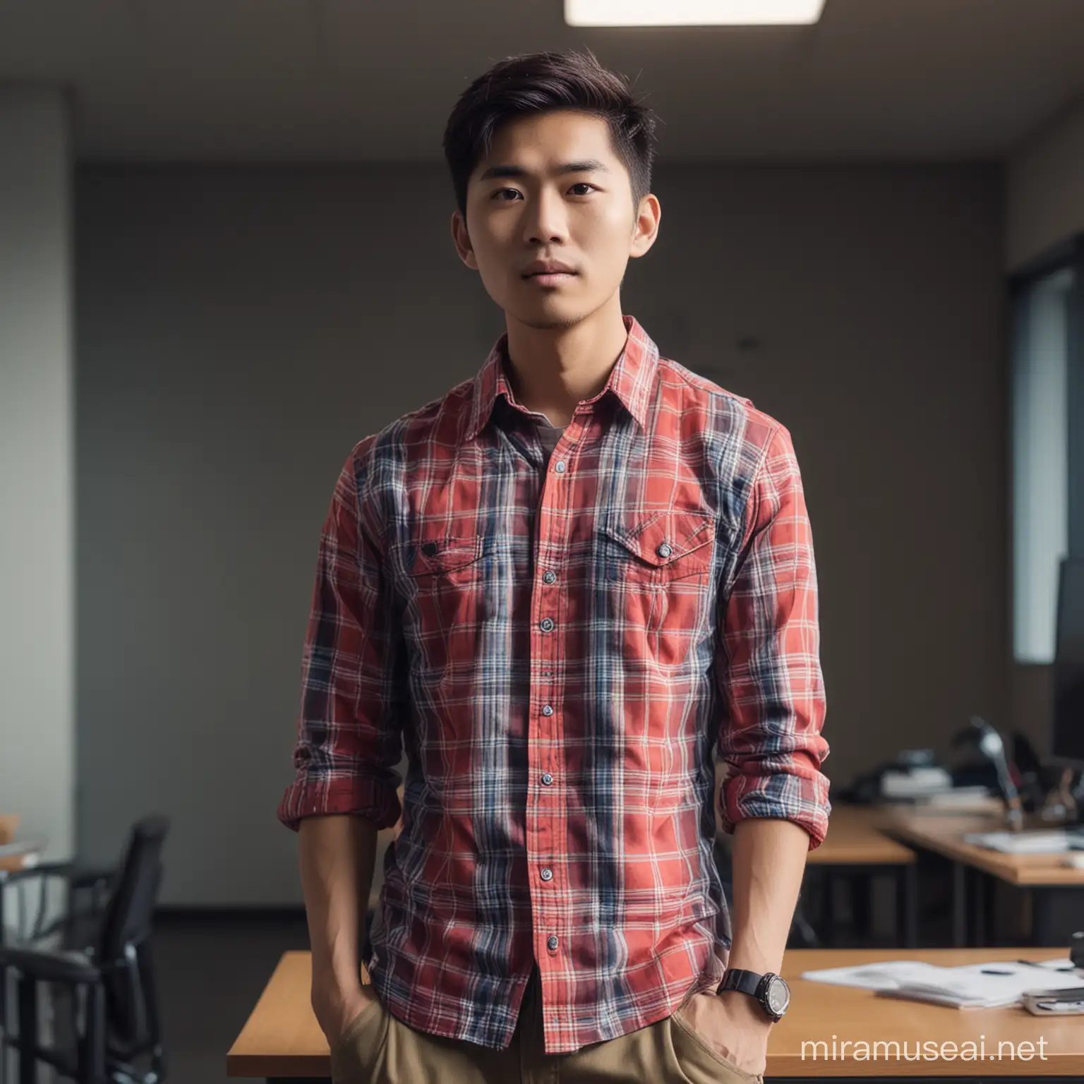 [fullbodyshot portrait] [24 years old Asian male, fluorescent lighting], wearing plaid shirt, wearing wearing sneakers, extremely realistic, 8k, insane details, intricate details, beautifully color graded, stand beside of background is office activity, Color Grading, Editorial Photography, Photography, Bokeh, taken with a 60mm lens, ISO 300, f/4, 1/200th --ar 3:2