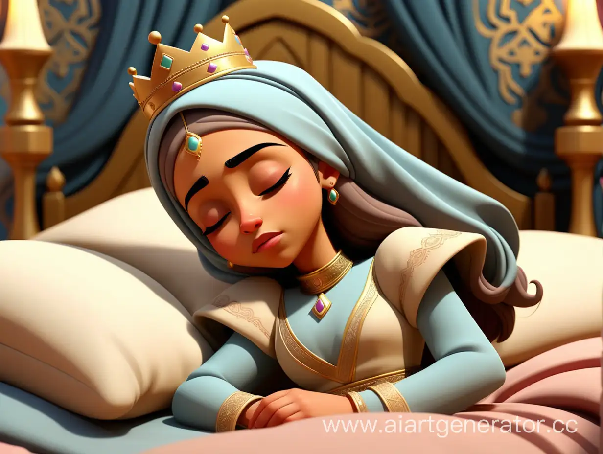 cartoon style, 8k, one Muslim princess sleeping on the bed