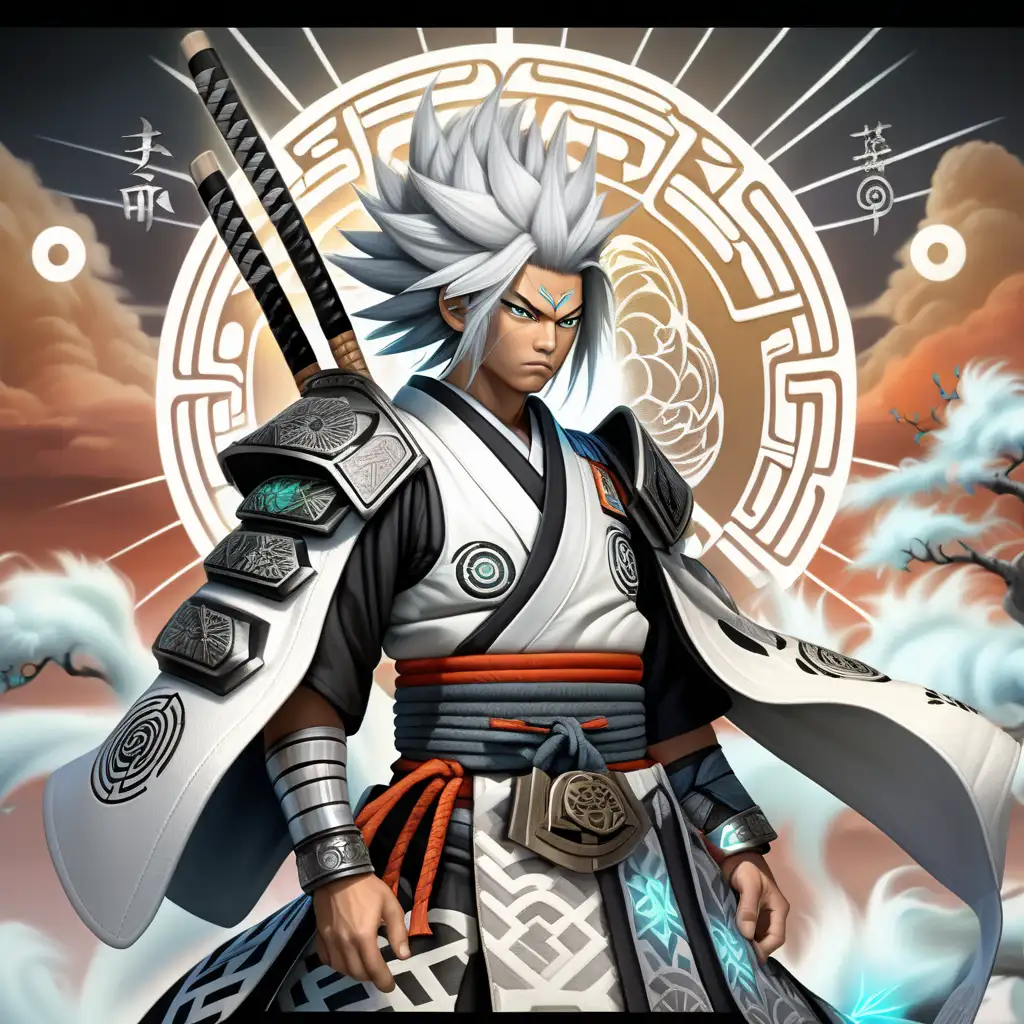 high definition simulation of a video game world boss character creation screen with cyberpunk Samurai ninja,Air Bender Jinjuriki with armored robe and cloud symbol eyeballs With glowing elemental wind fists wearing a beautiful wind kimono with white Silver black and white sacred geometry and armored shoulder guards with large spikey cloud hair With glowing magic fists wearing a beautiful flowing wind kimono with whites ivory Japanese clouds black and grey whites grays and sunset colors sacred Cloud geometry and armored shoulder guards