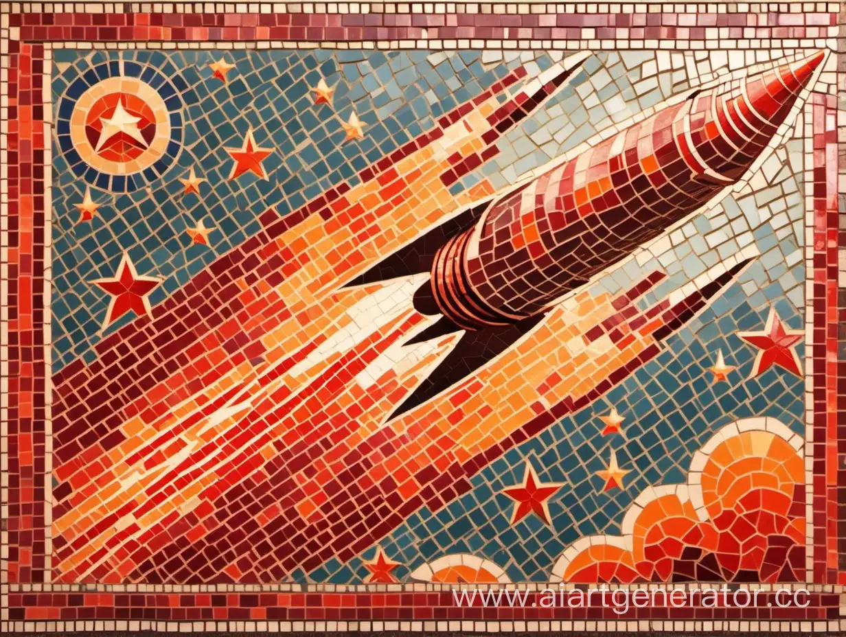 мозаика в советском стиле с ракетой летящей под углом в оранжевых и красных оттенках