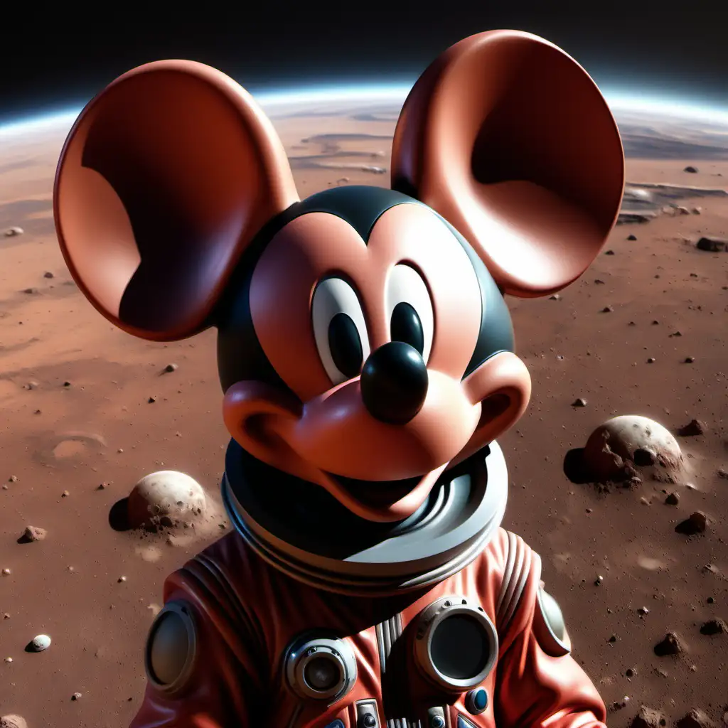 micky mouse in mars realistic style, shows his face to the camera cleraly, show only his face

