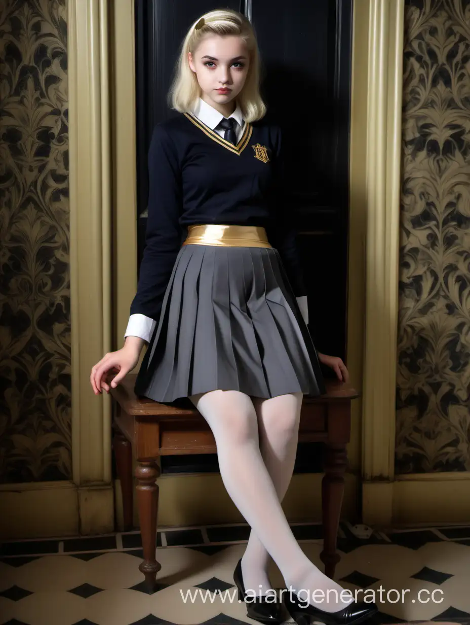 Blonde aged 20 years old in student uniform, Pleated skirt with gold border, Nude tights, sitting in model pose, Low-heeled shoes, in a background inside rich gothic home
