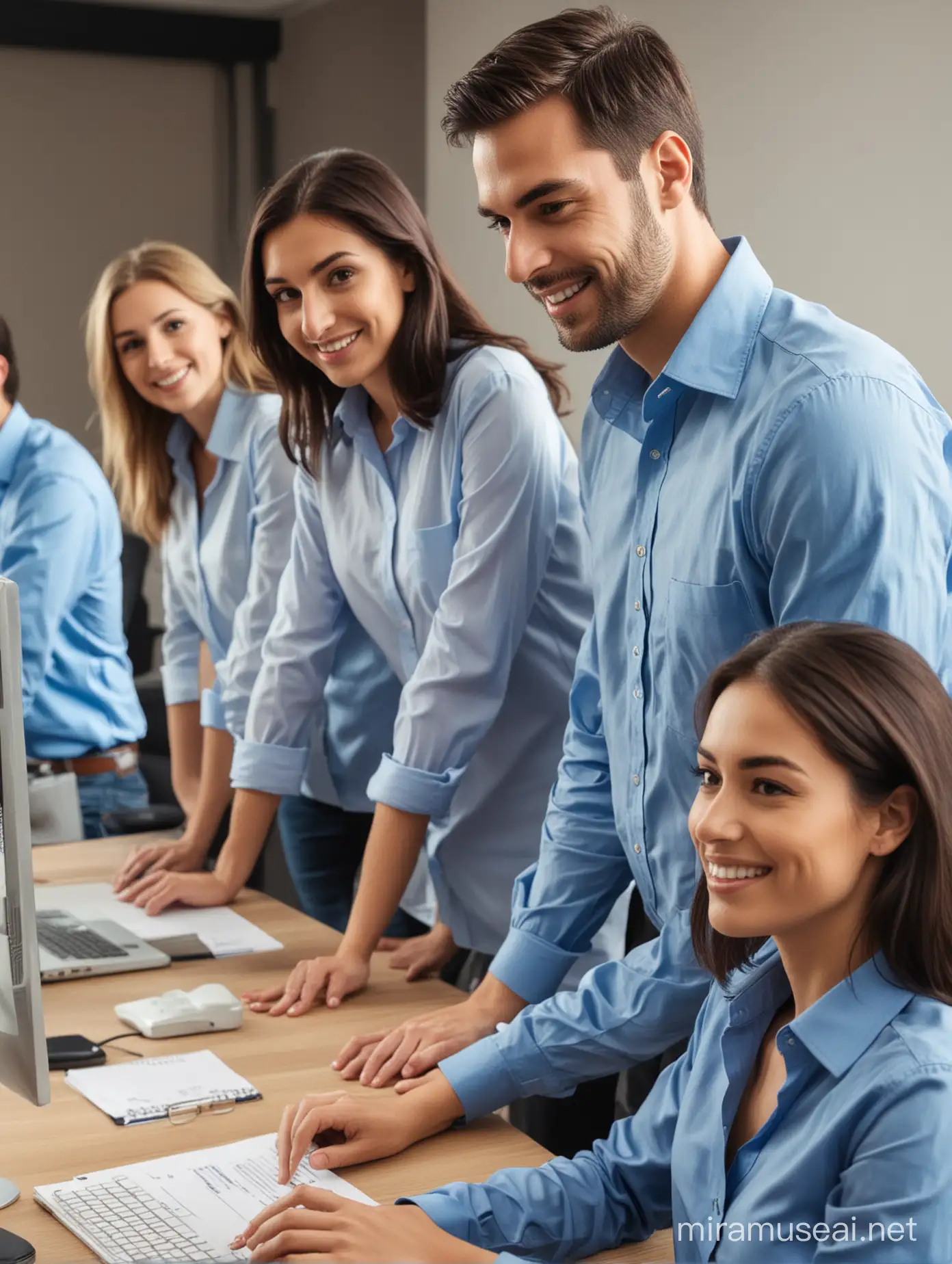 men and women in Outsourcing company working together wearing blue shirt
