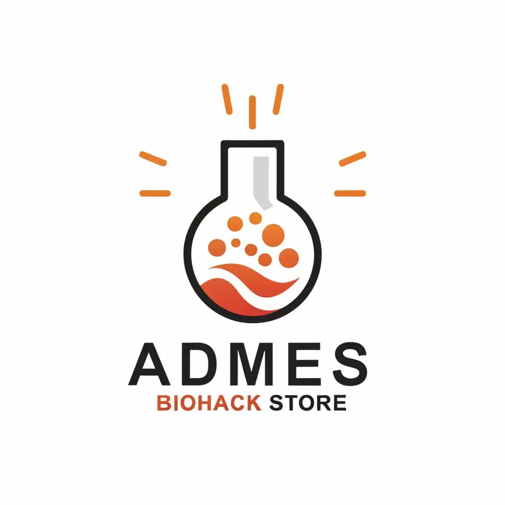 a logo design,with the text "Admes Biohack Store", main symbol:Logo design for Admes Biohack Store with modern text and a symbol of a large flask where a testosterone molecule is brewing, and rays emanate from the flask, all on a transparent background.,Умеренный,be used in Интернет industry,clear background