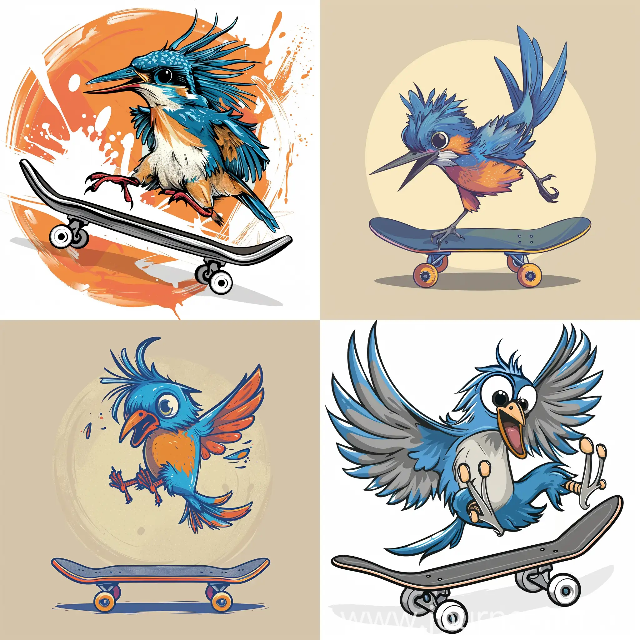 tee-shirt designs cartoon of a blue king fisher bird doing a kick flip on a skateboard
