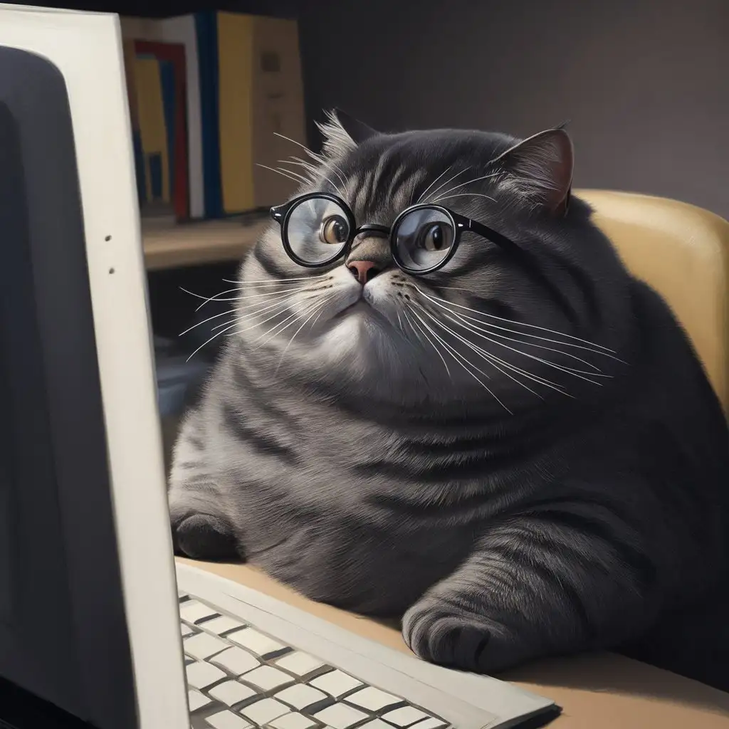 селфи толстого кота , кот сидит за компютором