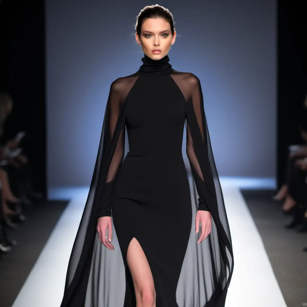 Stunning runway model , fashion show ,wearing  chiffon voile cape and tight black dress long  with turtleneck and long tight sleeves