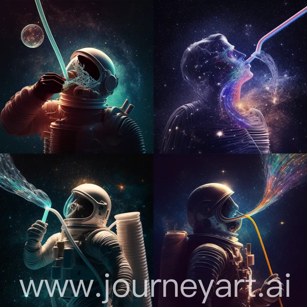 create a man in space breathing through a plastic straw, in high resolution starry background
