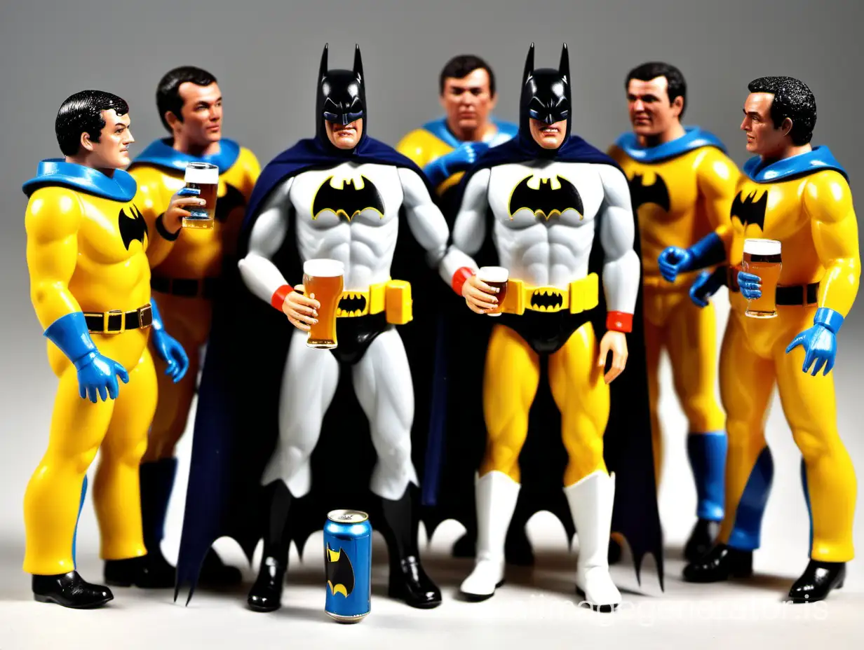 1970s Batman action figure dressed in sports gear, surrounded by men, drinking beer