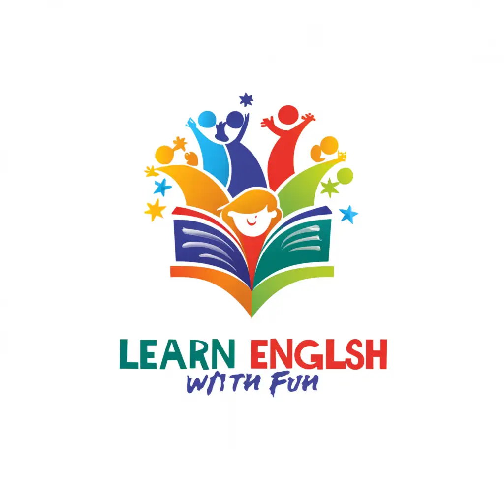 a logo design,with the text "Learn English with fun", main symbol:Book, children, laughing, reading,,Moderate,be used in Education industry,clear background