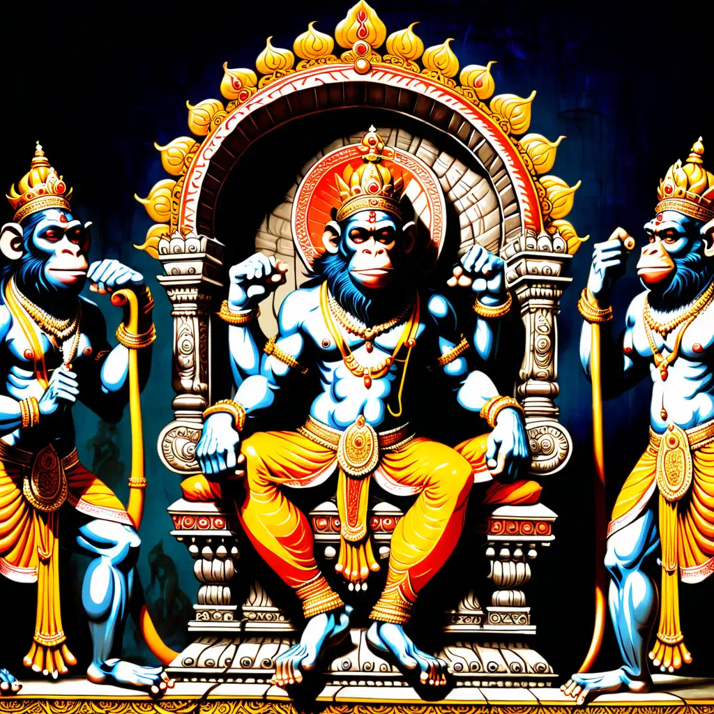 Hanuman as a king of monkies sitting on a throne Ravana  The Ramayana 
