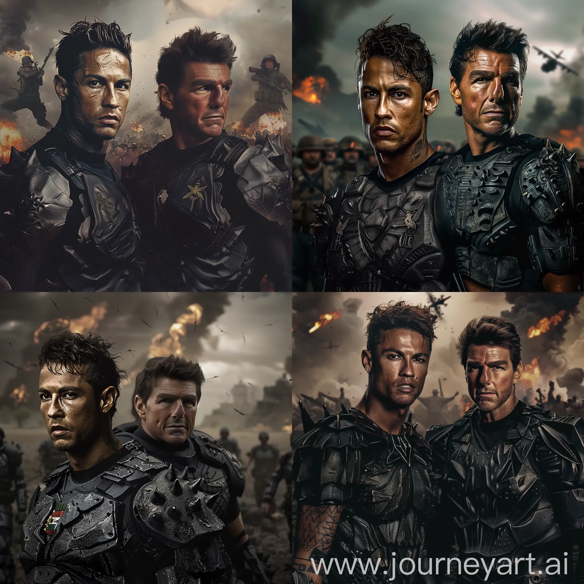 /imagine Neymar with big black detailed armor, next to Neymar is Tom Cruise with big black armor too, military armor, in the background a war, portrait photography, --v 6.0