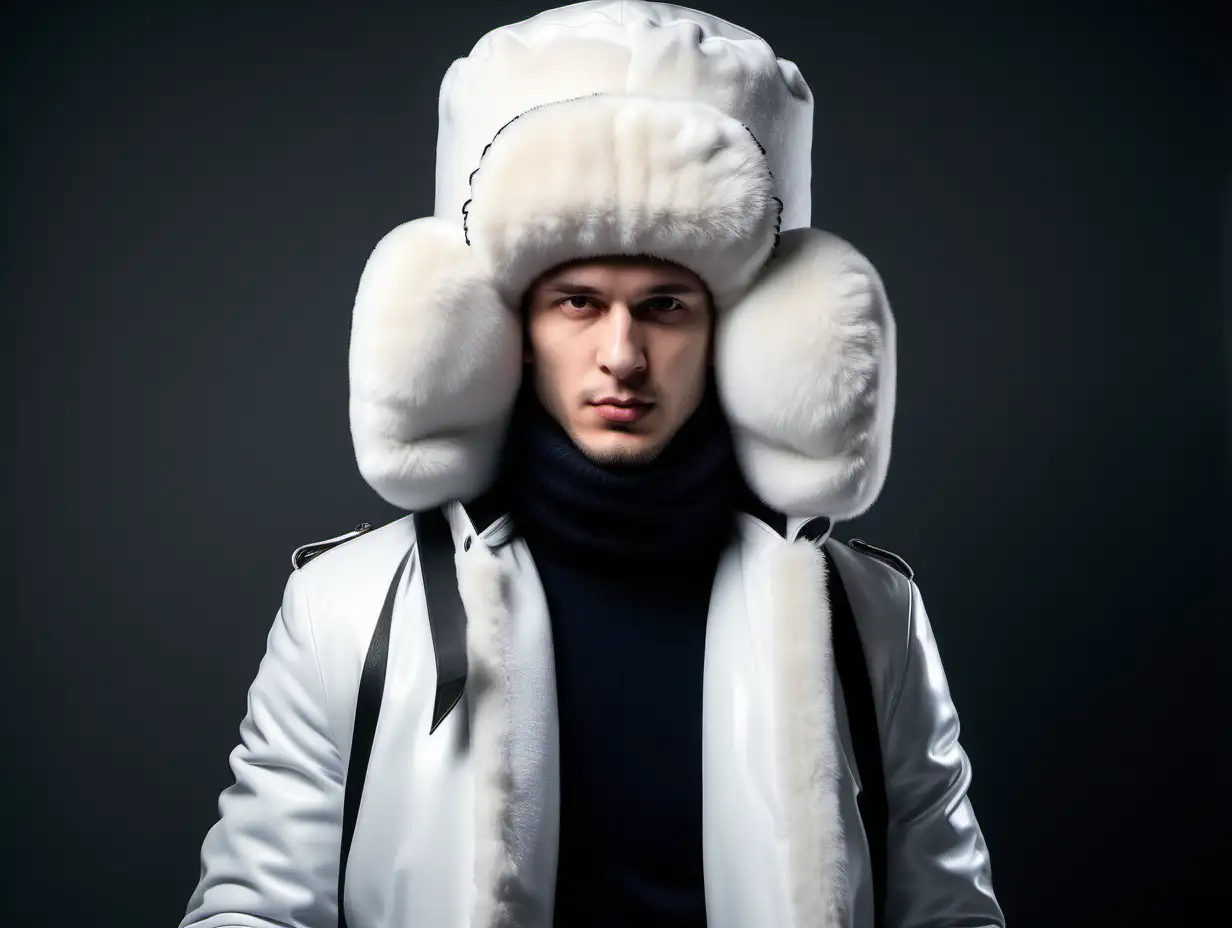 огромная высокая шапка ушанка на голове человека возвышается на 2 метра высоту , фотосессия в белых тонах , зима супер огромная шапка ушанка шапка в человеческий рост