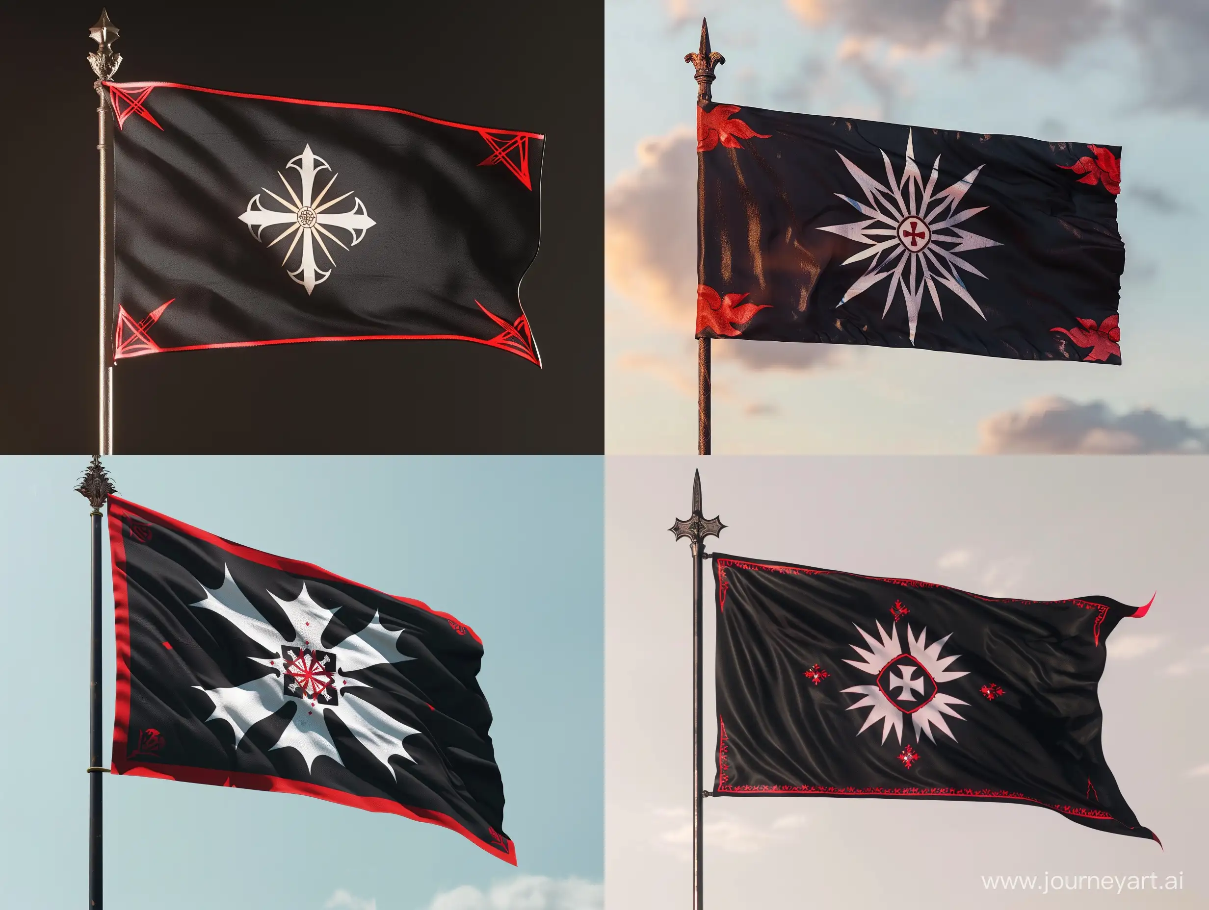 Флаг Ордена Великого Света. Чёрный флаг, красные углы в виде лучей света направленных в центр. В центре символ белый крест под белыми и красными лучами. Флаг прямой. Флаг на верхушке копья.
