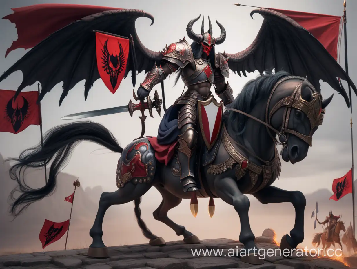 A demonic warrior with 2 wings on a demonic horse holding a sword and a shield with a flag
