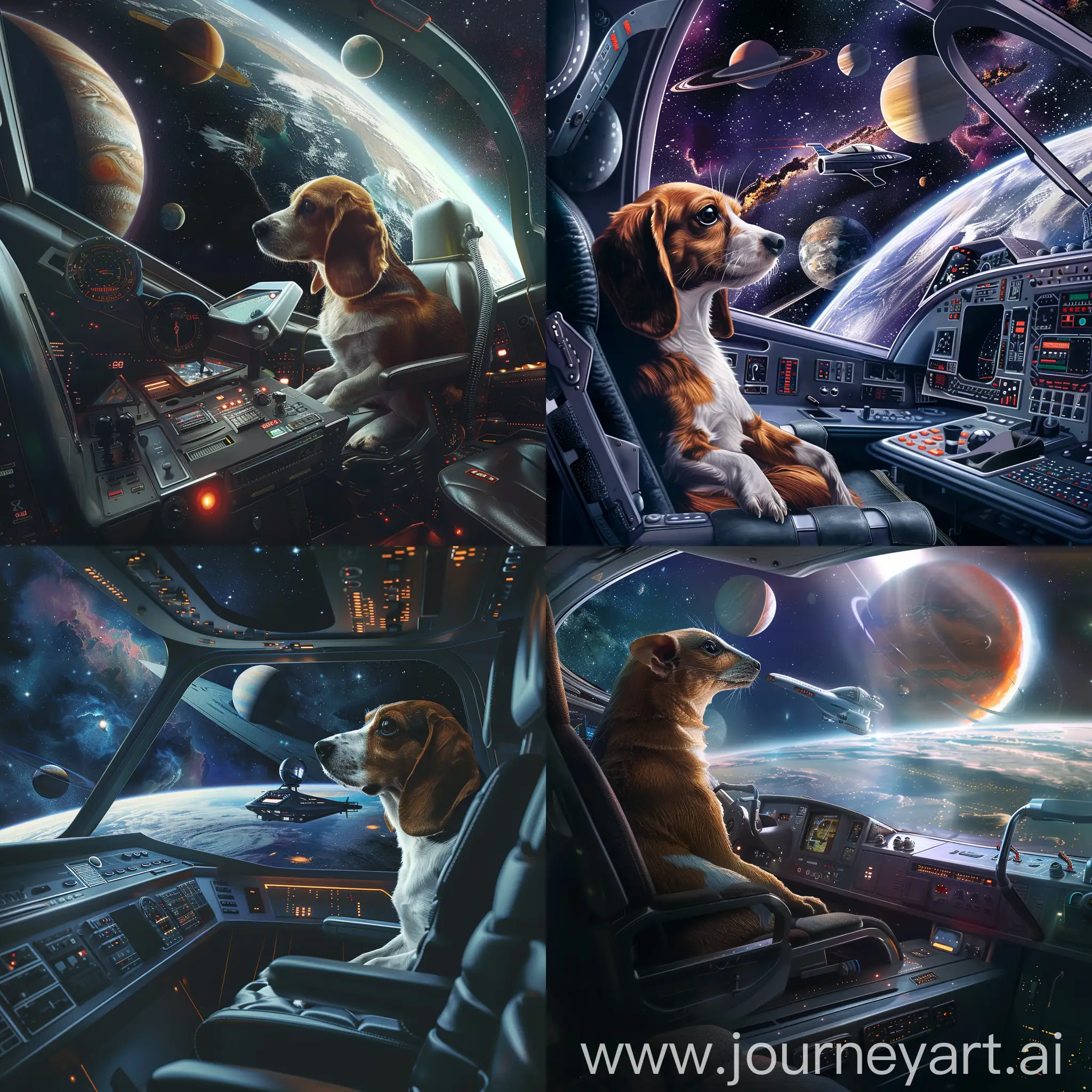 Create an ultra-realistic image of a Beagle sitting in a UFO cockpit, with planets and space visible in the background, capturing the essence of a sci-fi adventure.