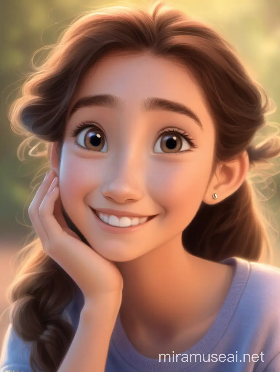 Create a Disney Pixar cartoon scene of a cute 20 years old girl smiling and thinking/ daydreaming 